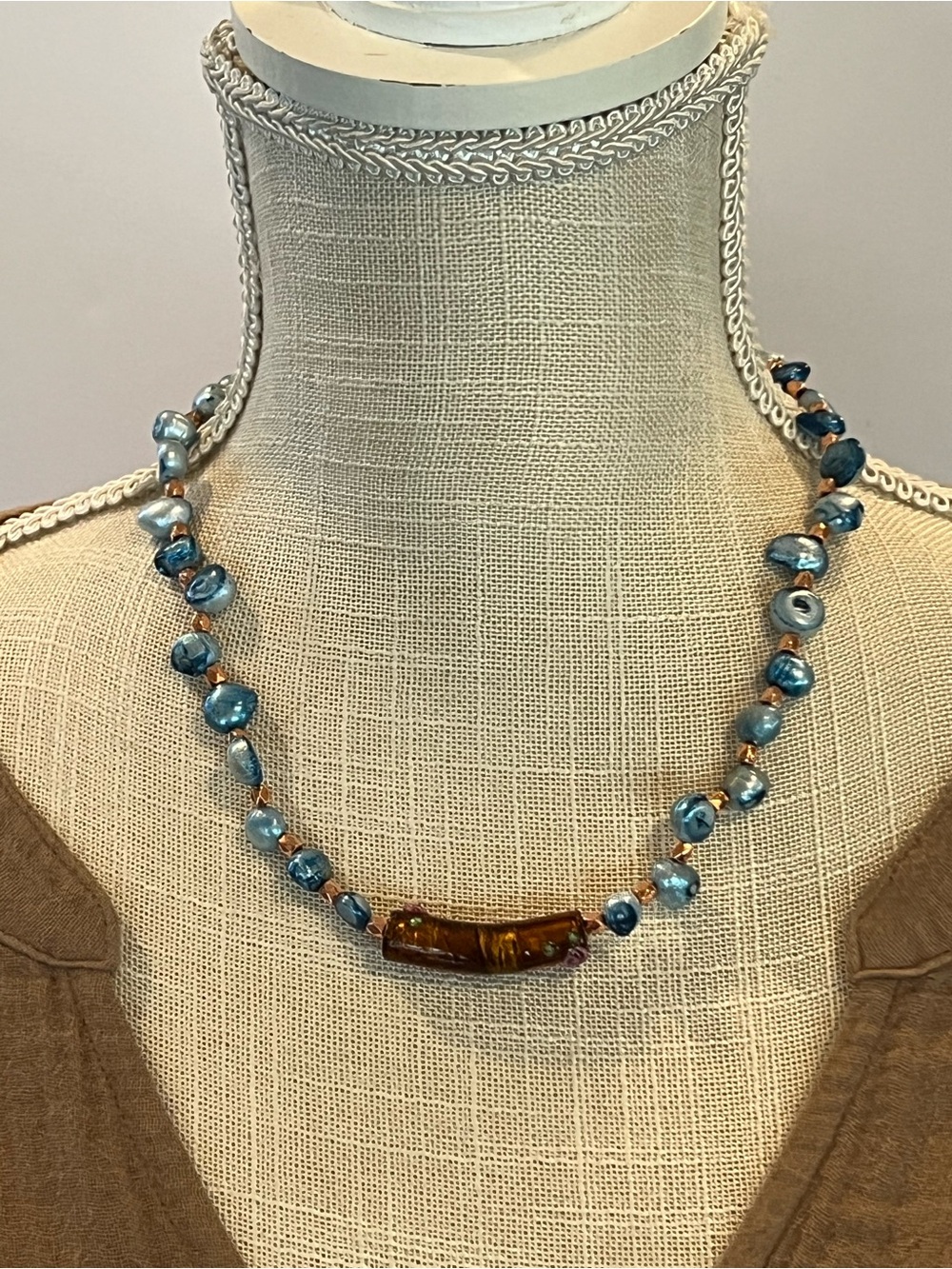 Blue Pearl and Brown Glass Focal Necklace